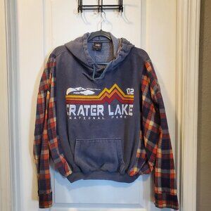 Upcycled Vintage Flannel & Cropped Hoodie Sweatshirt - Crater Lake - M/L